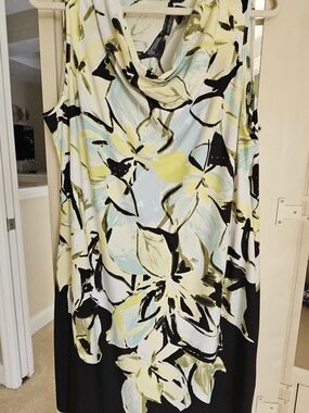 Kim Rogers White, Black, Yellow & Light Blue Floral Cowl Neck Midi Dress
